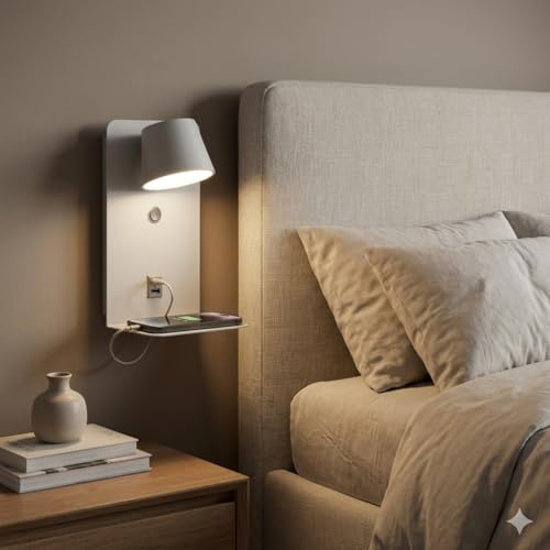 BARCELONA LED grå LED vägglampa med hylla, USB och USB-C, läslampa 6W 2700K, 350° justerbar, Type A + Type C, för sovrum, kontor, matsal, café och hall