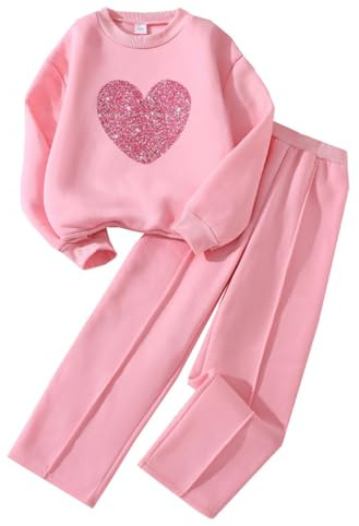 Kunyeah 2Pcs Girl Sweatshirt Outfit Heart Print Pullover Tracksuit Toddler Fleece Long Sleeve Clothes Pant Set for Age 8-12Y (UK, Age, 8 Years, Regular, Pink)