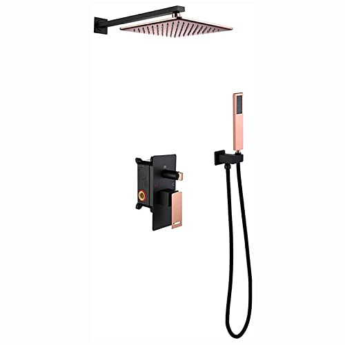 Système de Douche encastré, Ensemble de Douche à Effet Pluie, Support Mural avec Pomme de Douche carrée de 10 Pouces, douchette à Main et mitigeur monocommande, Rose d
