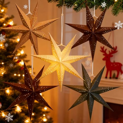 Set de adornos navideños de estrella 3D con agujero en forma de estrella de 5 piezas – 5 piezas de estrellas decorativas colgantes con luz LED, estilo rústico, borde dorado, para árbol de Navidad