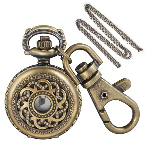 Tiong Men's Unisex Hollowed-Out Brown Quartz Pocket Watch - with Keychain & Chain, Ideal for Daily Carry