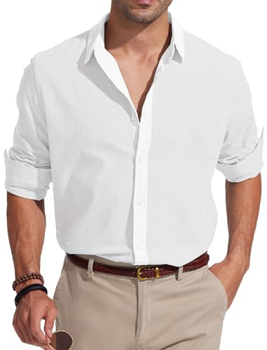 Friptspyg Uomo Camicia Lino Cotone a Maniche Lunghe Estiva Casual Camicia da Spiaggia Camicie Taglio Regolare, Bianco M