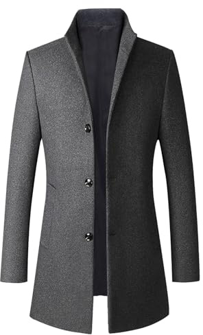 Herr mellanlängd tandad krage trenchcoat smal passform vardaglig termisk män ärtrock ullblandning vindjacka ytterrock, Grått, XL