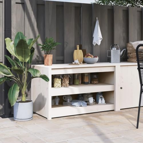 Teenpull Outdoor-Küchenschrank Weiß Massivholz Kiefer 106x55x64 cm Stauraumschrank Garten Vorratsmöbel Buffetmöbel Anrichte und Küchenvorrat für Außenküchen