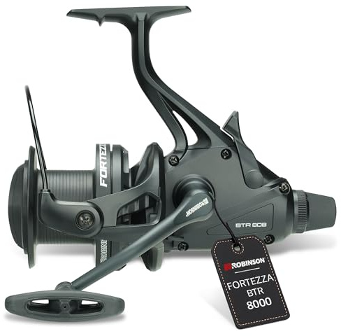 Robinson Karpfenrolle 8000 mit 18kg Bremskraft – Angelrolle mit Quick & Power Drag – Schneckengetriebe für gleichmäßige Schnurverlegung – Duraluminium-Spule – Fortezza mit Freilauf
