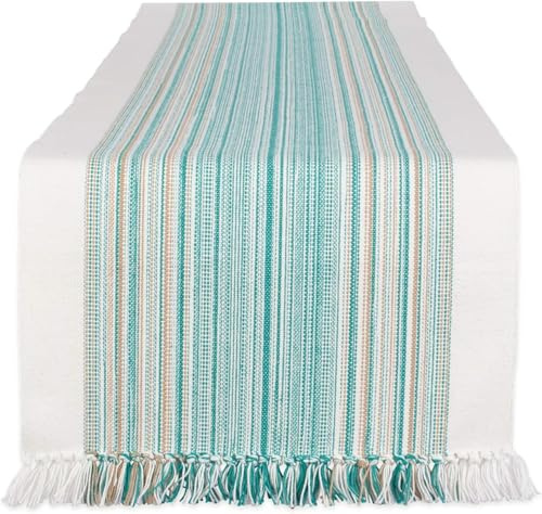 DII Everyday Collection Fringed Stripe Tabletop, Table Runner, 14x72, Teal