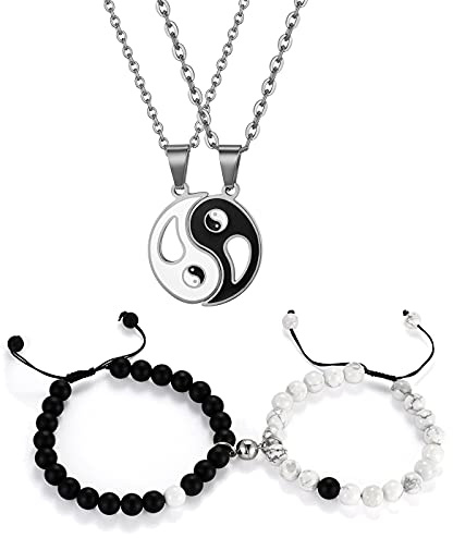 Flongo 4 Pcs Couple Collier Bracelets Assorti pour Femmes Hommes Amour Coeur Puzzle Pendentif Collier Argent& Noir Mode rétro Perle tressé Cordon réglable Bracelets
