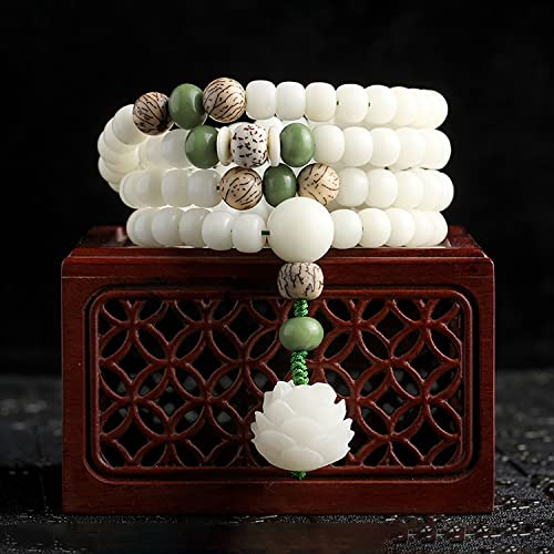 Jade Blanco Natural Bodhi Ensartado A Mano, Flor Tallada De Raíz De Bodhi Lotus 108 Cuentas De Rosario Pulsera De Cuentas De Buda, Pulsera De Rosario De Cuentas Masculinas Y Femeninas (A)
