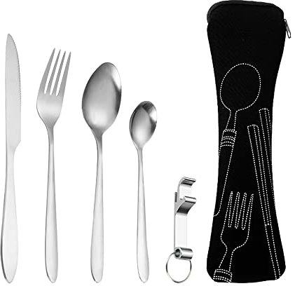 Camping Besteckset 1 Person Edelstahl, 5 Stück Portable Reisebesteck Mit Tasche Feldbesteck Outdoor Picknick to go Besteck Wanderbesteck Set für Unterwegs -Messer Gabel Löffel Flaschenöffner Set