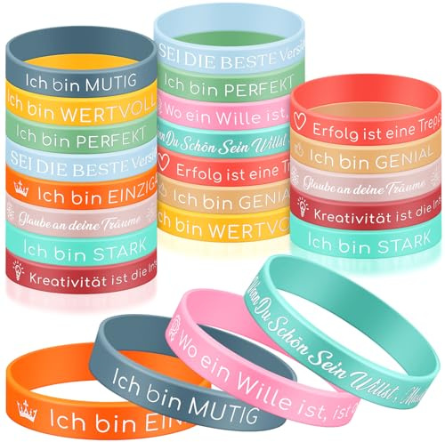 Aoriher 24 Stück Motivationsarmbänder auf Deutsch 20,3 cm Inspirierende Silikon Armbänder mit Positiven Sprüchen Motivierendes Silikonarmband Mutmacher Geschenk für Kollegen Teenager(Bunt)