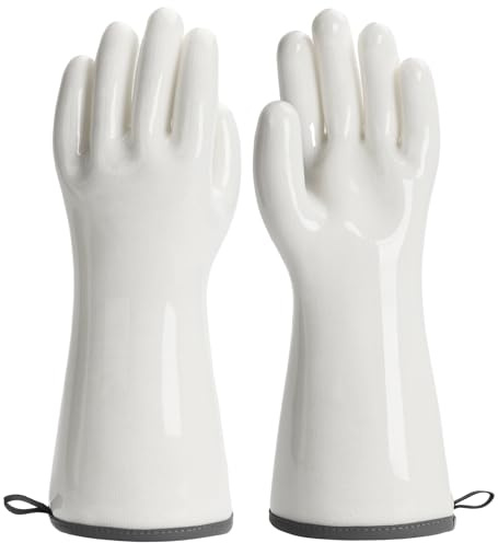 HOLDZERO Oven Gloves Liquid Silicone Gloves Food Grade Heat Resistant Mitts with Fingers, for Cooking Baking Grilling Waterproof, with Nylon Liner, White, Large
