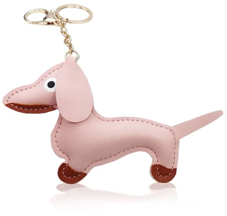 NATOSU Hund Dackel Schlüsselanhänger aus Leder, Glücksbringer Sausage Dog Keychain Geschenke für Lieblingsmensch Frauen Männer Kinder Geburtstag Weihnachten Schlüsselring,Rosa