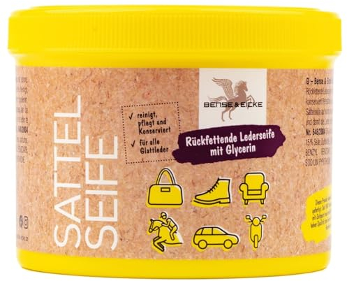 RL24 Bense & Eicke - Sattelseife mit Schwamm | Lederreiniger für Glattleder | rückfettende Lederpflege | Lederseife für Schuhe, Autositze, Taschen & Reitsättel | 1 x 500 ml Dose