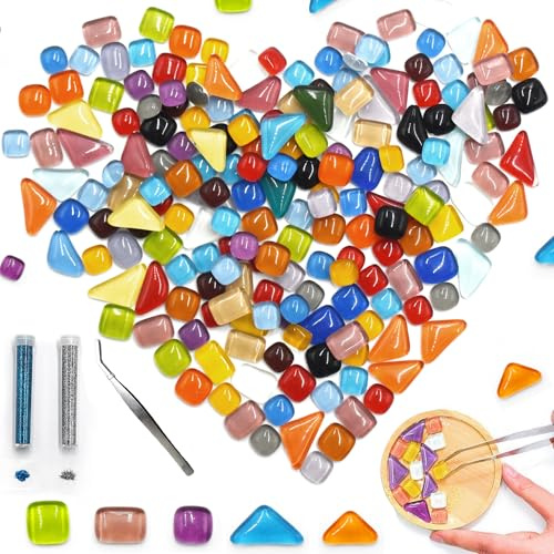 SHENAIGO 250 g di pietre a mosaico per il fai da te, in vetro, per bambini e adulti, con pinzette, mini pietre a mosaico per progetti artistici fai da te, decorazioni