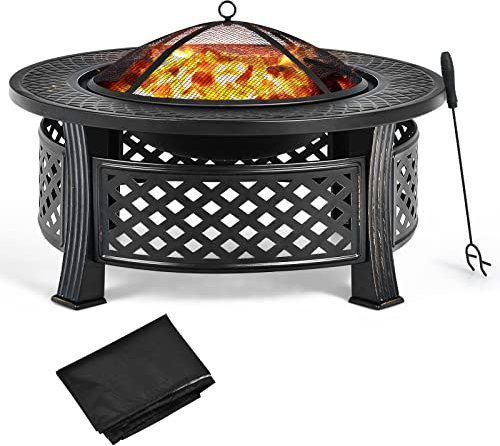 GYMAX φ81 cm Brasero 3 en 1, Estufa de Exterior, Cesta de Fuego con Parrilla y Atizador, Brasero con Cubierta, Bandeja de Barbacoa para Jardín, Camping y Barbacoa, Negro