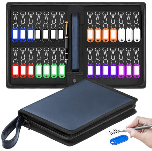 ENONEO Schlüsselschrank Schlüsselkasten für 28 Schlüssel, Wandmontierter Schlüsseltresor Leder Schlüsseletui mit Reißverschluss Tragbarer Schlüssel Organizer Mappe Schlüsseltasche für Büro Haus (Azul)