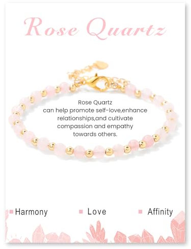 Uwiyo Bead Bracelets for Women Girls, 4mm Beads Bracelets with Gold Plated Bead Natural Stone Bracelet emstone Stone Bracelet for Birthday Christmas Valentine's Day Gifts (Adjustable-Rose Quartz)