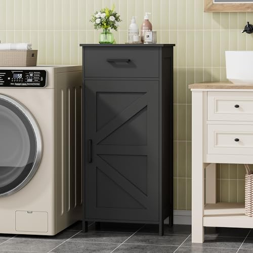 Homhedy 35.4 H Bathroom Cabinet with Drawer, Bathroom Organizers and Storage, Adjustable Shelves, Floor Cabinet for Living Room, Entryway, Kitchen, Black, (15.7 W)