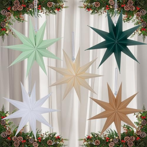 Papiersterne Weihnachten 5 er Set Papierstern zum aufhängen 30cm Papier Stern 9 Zacken Weihnachtsdeko Salbeigrün für Weihnachts Advent Hochzeit Geburtstag Fenster Neujahrsfest