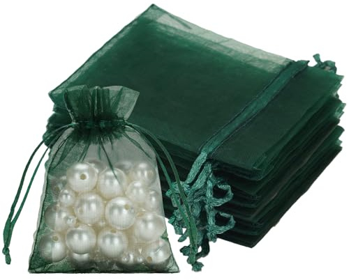 jijAcraft Verde scuro, piccoli sacchetti in organza, 7 x 9 cm, sacchetti in organza con nastro, 50 sacchetti per gioielli in tulle, piccoli da riempire per gioielli, caramelle, regali di Natale