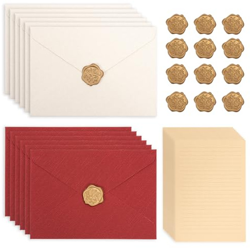44 unidades de papel de carta vintage con sobre, juego de sobres con 12 sobres y 12 sellos de cera autoadhesivos y 20 papel de carta A5 vintage para cartas de amor, boda, cumpleaños