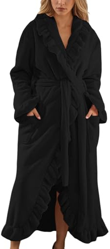 KBOPLEMQ Peignoir kimono long et moelleux pour femme avec ceinture - Peignoir doux en peluche - Vêtement de détente - Velours épais - Chaud - Vêtement de nuit - Vêtement de maison, O Noir., S