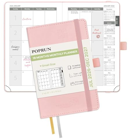POPRUN Month to View Pocket Diary 2026-2027 Small Diary A6 (10x15.6cm)