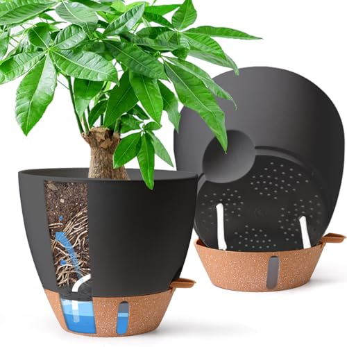 T4U 2er Set 25cm Selbstbewässernder Blumentopf mit Tiefem Wasserspeicher, für große Zimmerpflanzen, Blumentopf Gross innen & draussen,（Schwarz）