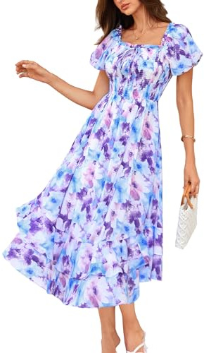 Women Summer Dress Square Neck Smocked A-line Floral Dresses Purple Blue