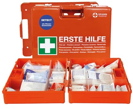 Valigetta di pronto soccorso Multidetect DIN 13169 arancione con supporto da parete