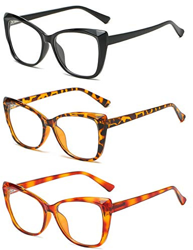 KoKoBin 3 confezioni di occhiali da lettura con Occhio di Gatto, eleganti occhiali dalla montatura grande, comodi occhiali blu a prova di luce +3.5