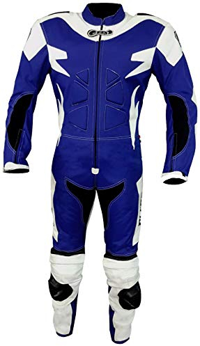 BI ESSE - Tuta da MOTO intera in pelle e tessuto,ideale per strada,viaggi lunghi,touring, pitbike,completa di gobba e protezioni rigide certificate (Blu/Bianco, XL)