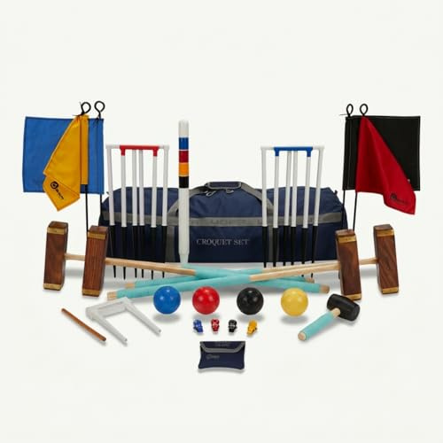DOCTOR SPORT Juego profesional de croquet – Juego de jardín – Krocket banda de cobre sobre mazo de madera dura con mango de piel – 473 gramos – Puerta de acero de 16 mm (bolsa de lujo)