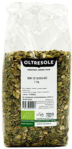 Oltresole, Graines de courge décortiquées biologiques 1 kg, Graines oléagineuses crues biologiques, NON GRILLÉES ET NON SALÉES, idéales comme en-cas ou pour les salades, paquet idéal pour les familles