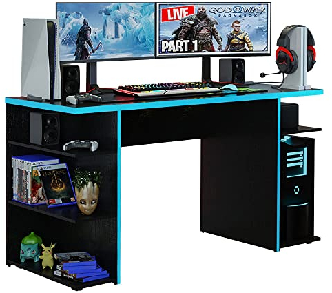 Madesa Large Gaming Computer Desk 53 Inch with 5 Shelves Cable Management Student Study Wooden Table Home Office Gamer Desk for Kids and Adults - Black/Blue