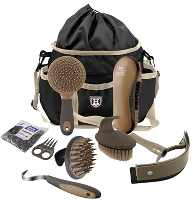 Harrison Howard Kit de 7 brosses de toilettage pour cheval avec sac de rangement - Série Equine Care - Marron