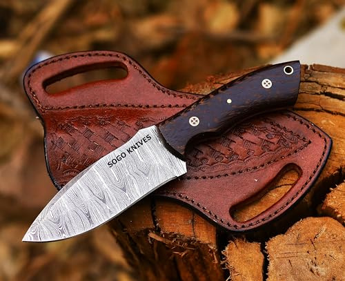 SOGO KNIVES Fixed Blade Damascus Steel Hunting Knife with Leather Sheath, 9'' Full Tang Hunting Skinning,Non-Slip Wooden Handle,Camping Knife (VENGI)
