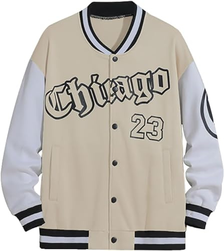 Vagbalena Giacca College da Uomo Vintage Street Letter Varsity Jacket Giacca da Baseball Stampata con Bottoni a Maniche Lunghe Giacca da Lavoro Autunnale con Blocco dei Colori (Albicocca,XXL)