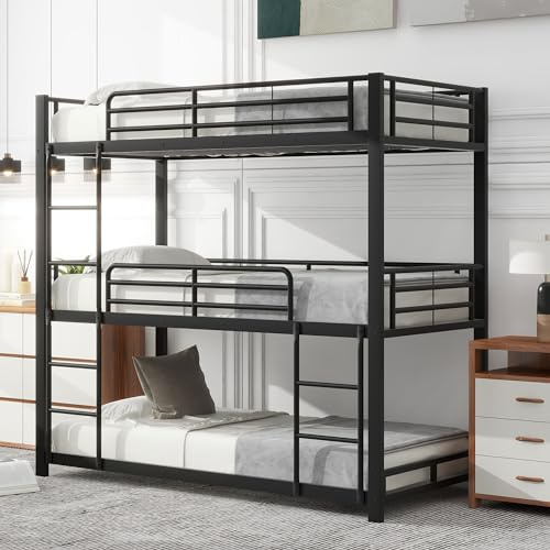 Zravenna Lit mezzanine, 90 x 200 cm, triple superposé, pour 3 enfants, cadre de lit en métal, lit en fer, pour enfants et adolescents, noir