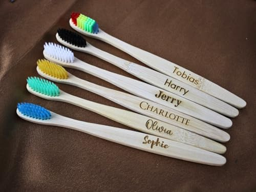 Set di 6 spazzolini da denti in bambù naturale, 100% ecologici, con incisione personalizzata