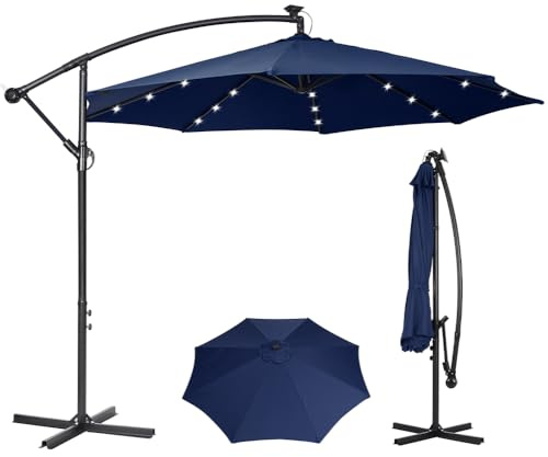 Panana 3M Cantilever Garden Parasol with Solar LED Lights, Outdoor Banana Hanging Umbrella with Crank and Tilt, UV Protection Sun Shade Canopy Offset Parasol for Pool, Deck, Patio, Balcony (Dark Blue)