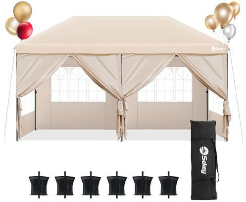 Sekey One-Touch Pop Up Pavillon 3x6 mit Seitenteile, Partyzelt Faltpavillon 3x6m Wasserdicht Stabil, Vereinfachte Installation in 1 Minute, Robust Windfest Regenfest für Camping Festival Party,Kahki