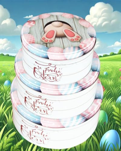 3er Set Keksdosen Gebäckdosen Plätzchendose rund aus Metall Fröhliche Aufbewahrungsdosen mit Hase für Ostern luftdichte Aufbewahrung für Kekse Ostereier Süßigkeiten und mehr (3er Set Frohe Ostern)