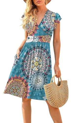 CLOUSPO Vestido de verano para mujer, elegante, cuello de pico, bohemio, vestido de playa, largo hasta la rodilla, con volantes, vestido midi retro, informal, informal, vestido con bolsillos, Azul A