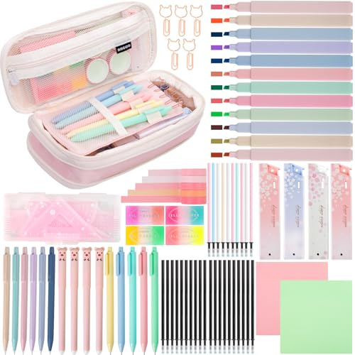 gyoyede 82pcs Aesthetic School Supplies Stationery Set with Pencil Case,Pastel Highlighters Gel Pens Mechanical Pencils 0.5 & 0.7mm,Essentials Stationary Set for Students Back to School Supplies（Pink）