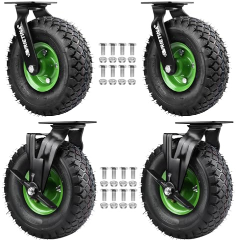 Set di 4 ruote girevoli a 360° con freno, Ø 250 x 90 mm, ruota pneumatica silenziosa su cerchione in acciaio Schwarz con assorbimento degli urti, carrello e carrello di trasporto (2 ruote girevoli, 2
