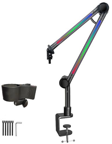 Whltzf Boom LED Ajustable para Micrófonos con Efecto Luz LED Dinámico Rotación 180 ° para Los Podcasts Voz En Off 3/8in 5/8in Gaming Mic Stand