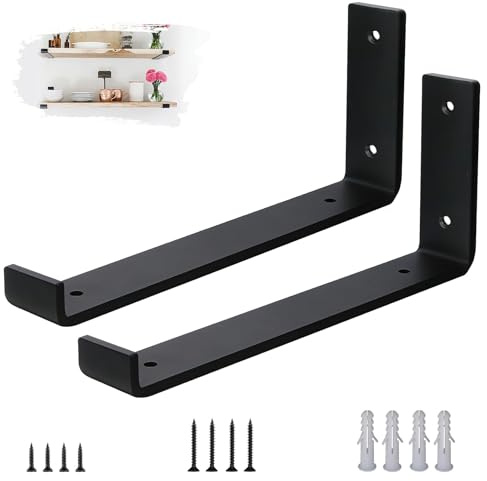 VTOPVMAX Scaffold Board Shelf Brackets 2 Pack - 5mm Thick Steel Heavy Duty Shelf Supports with Lips for 12 x 4 Inch (30cm x 10cm), Industrial Rustic Black Wall Shelf Brackets Kit
