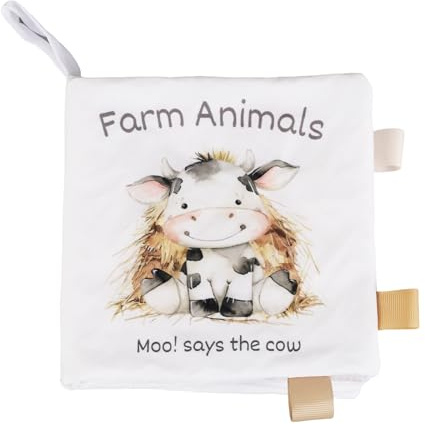 Ali+Oli Baby Cloth Book – Soft Sensory Crinkle Book for Infants 0-12 Months – Early Learning Touch & Feel Tummy Time Toy – Colorful taggies - Newborn Shower Gift - Farm Animals