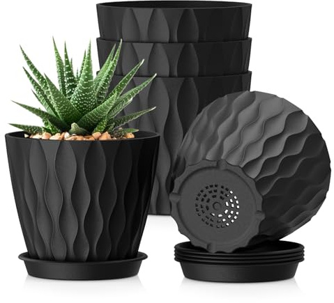 WSMKSZ 15 cm Blumentopf, 5er Set Dick Kunststoff Pflanztöpfe mit Untersetzer & Abflusslöchern, 3D-Wellentextur Übertopf für Einblatt, Efeutute & Innen Außen Pflanzen, Schwarz